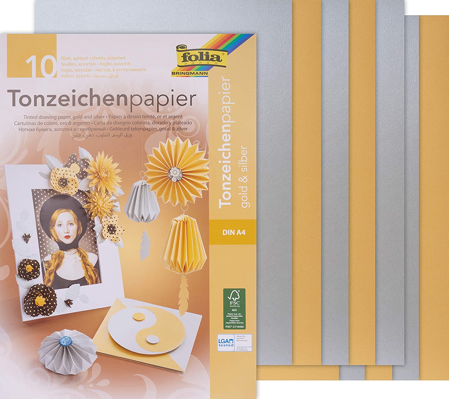 Tonzeichenpapier 130 g/m2 - A4 - Gold & Silber  Inhalt:  10 Blätter Farben: je 5 x Gold und 5 x Silber   Spezifikationen:  A4 (21.0 cm x 29.7 cm) 130 g/m2 beidseitig farbig (voll durchgefärbt) beschreibbar hochwertige Haptik und Saugstärke säurefrei LGA getestet FSC zertifiziertes Papier