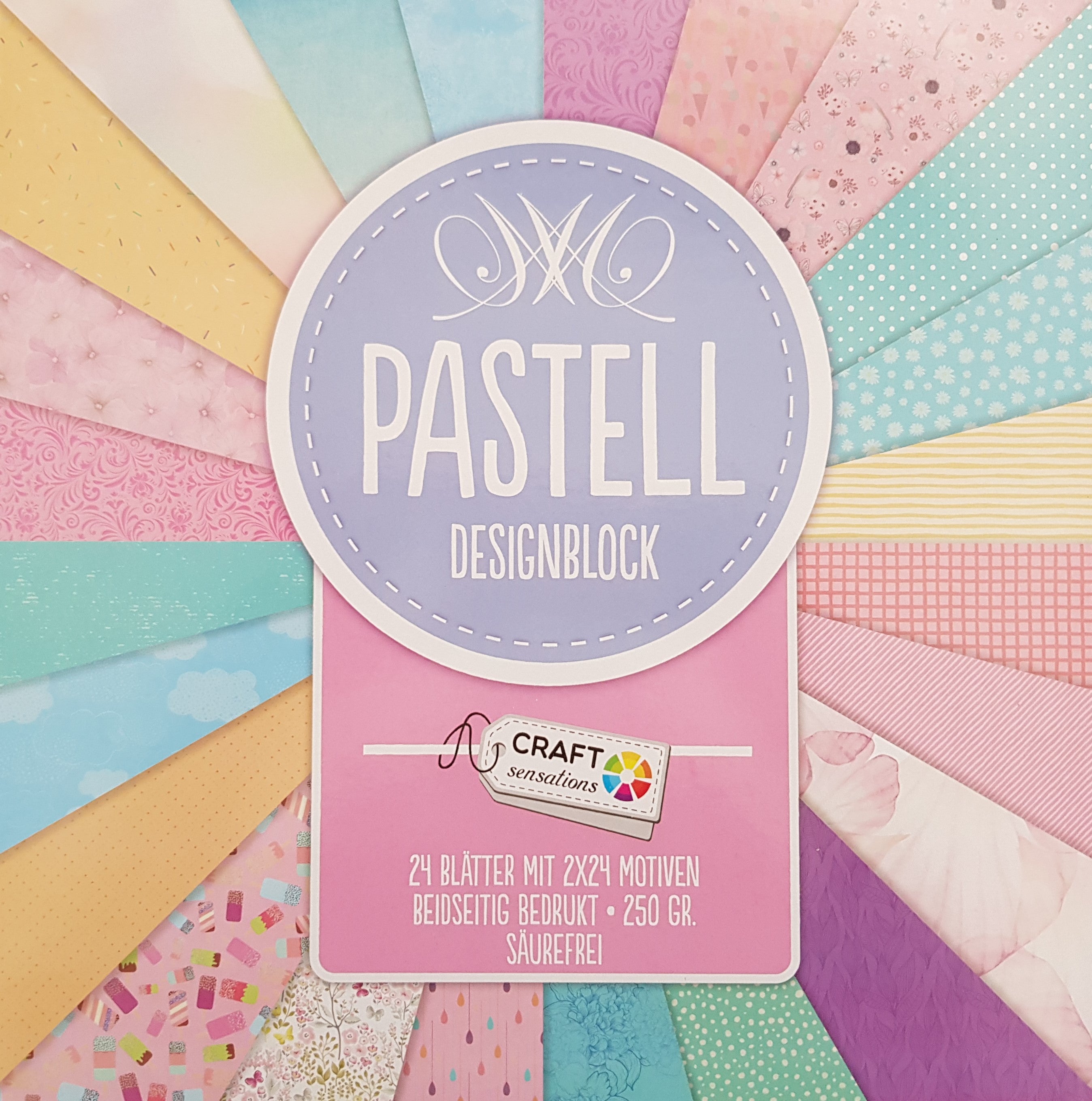 Paper Pad 250 g/m2 - 12’’ x 12’’ - Pastell Designblock  Spezifikationen:  12’’ x 12’’ (30.5 cm x 30.5 cm) 250 g/m2 beidseitig bedruckt lässt sich gut schneiden säurefrei    Inhalt:  24 Bogen 24 Designs beidseitig bedruckt    Dieses Paper Pad / Designpapier ist geeignet für:  Karten Karten-Verzierungen Kuverts Geschenkboxen & Verpackungen Plotten Scrapbooking