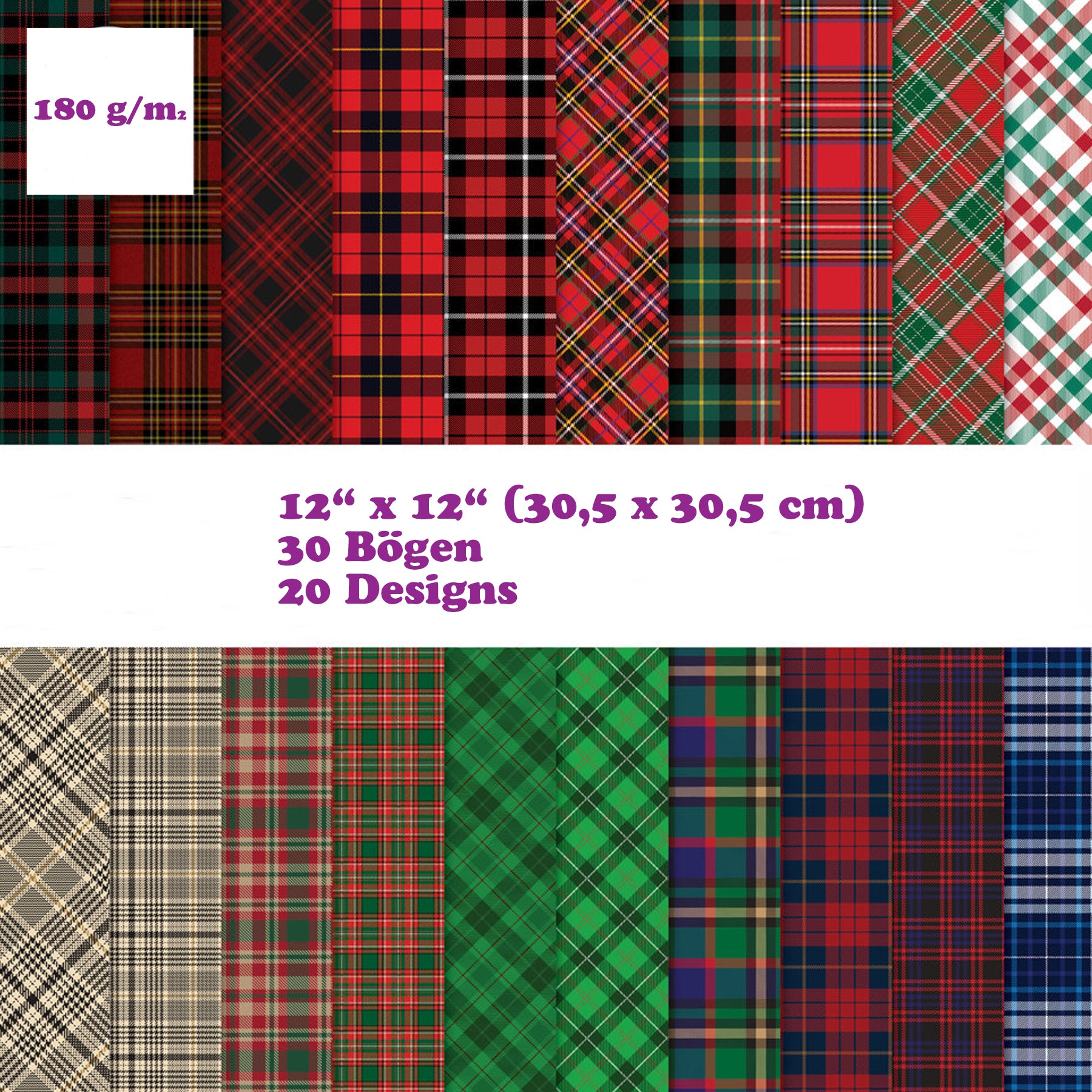 Premium Paper Pad 180 g/m2 - 12’’ x 12’’ - Tartan Spezifikationen:  12’’ x 12’’ (30.5 cm x 30.5 cm) 180 g/m2 beidseitig bedruckt säure- und ligninfrei 20 Designs    Inhalt:  30 Bogen 20 Designs beidseitig bedruckt