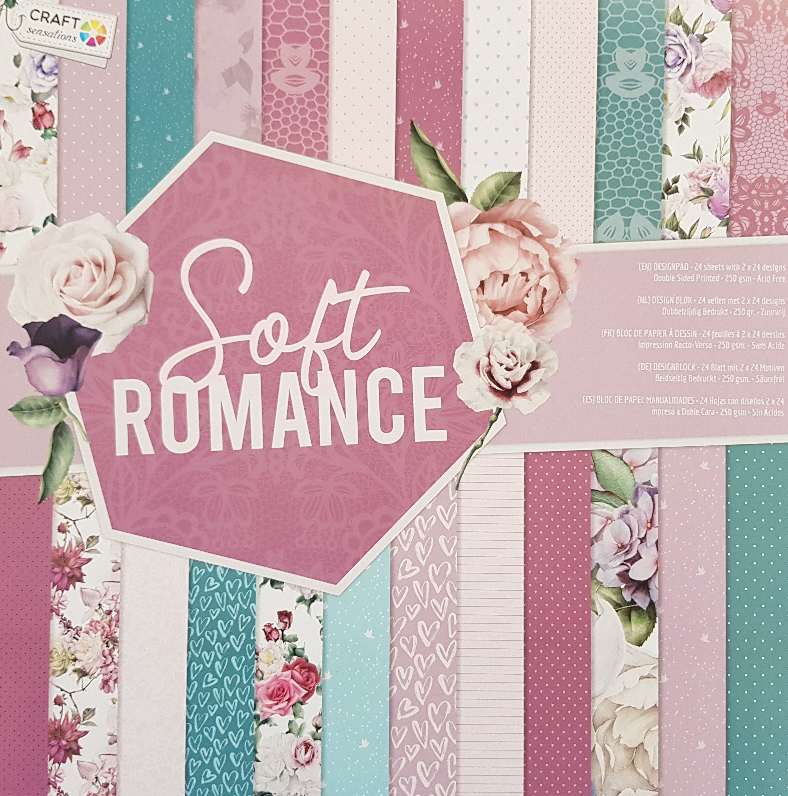 Paper Pad 250 g/m2 - 12’’ x 12’’ - Soft Romance  Spezifikationen:  12’’ x 12’’ (30.5 cm x 30.5 cm) 250 g/m2 beidseitig bedruckt lässt sich gut schneiden säurefrei    Inhalt:  24 Bogen 24 Designs beidseitig bedruckt    Dieses Paper Pad / Designpapier ist geeignet für:  Karten Karten-Verzierungen Kuverts Geschenkboxen & Verpackungen Plotten Scrapbooking