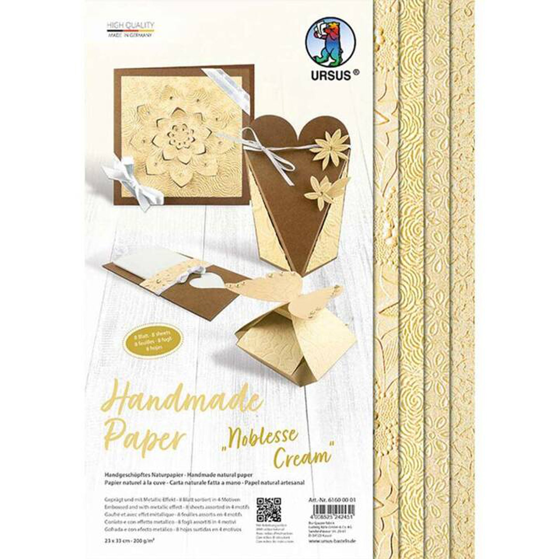 Crealive Strukturpapier handgeschöpft 200 g/m2 - 23 x 33 cm - Noblesse Creme  Inhalt:  8 Bogen 4 Designs    Spezifikationen:  23 x 33 cm 200 g/m2 durchgefärbt handgeschöpftes Naturpapier geprägtes Papier Metallic-Effekt   Dieses Strukturpapier ist geeignet für:  Karten Karten-Verzierungen Kuverts Geschenkboxen & Verpackungen Plotten Scrapbooking