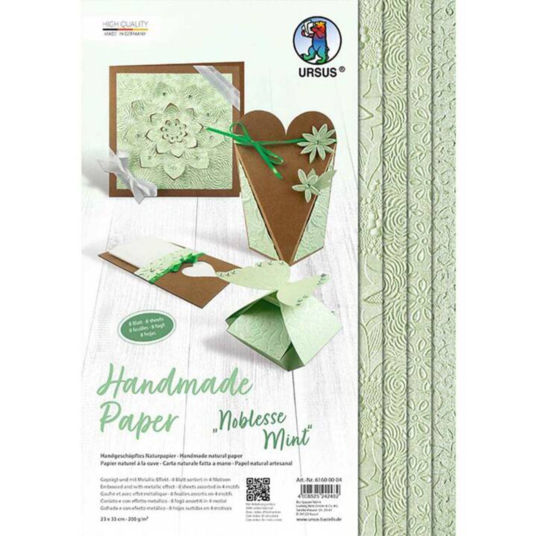 Crealive Strukturpapier handgeschöpft 200 g/m2 - 23 x 33 cm - Noblesse Mint  Inhalt:  8 Bogen 4 Designs    Spezifikationen:  23 x 33 cm 200 g/m2 durchgefärbt handgeschöpftes Naturpapier geprägtes Papier Metallic-Effekt   Dieses Strukturpapier ist geeignet für:  Karten Karten-Verzierungen Kuverts Geschenkboxen & Verpackungen Plotten Scrapbooking