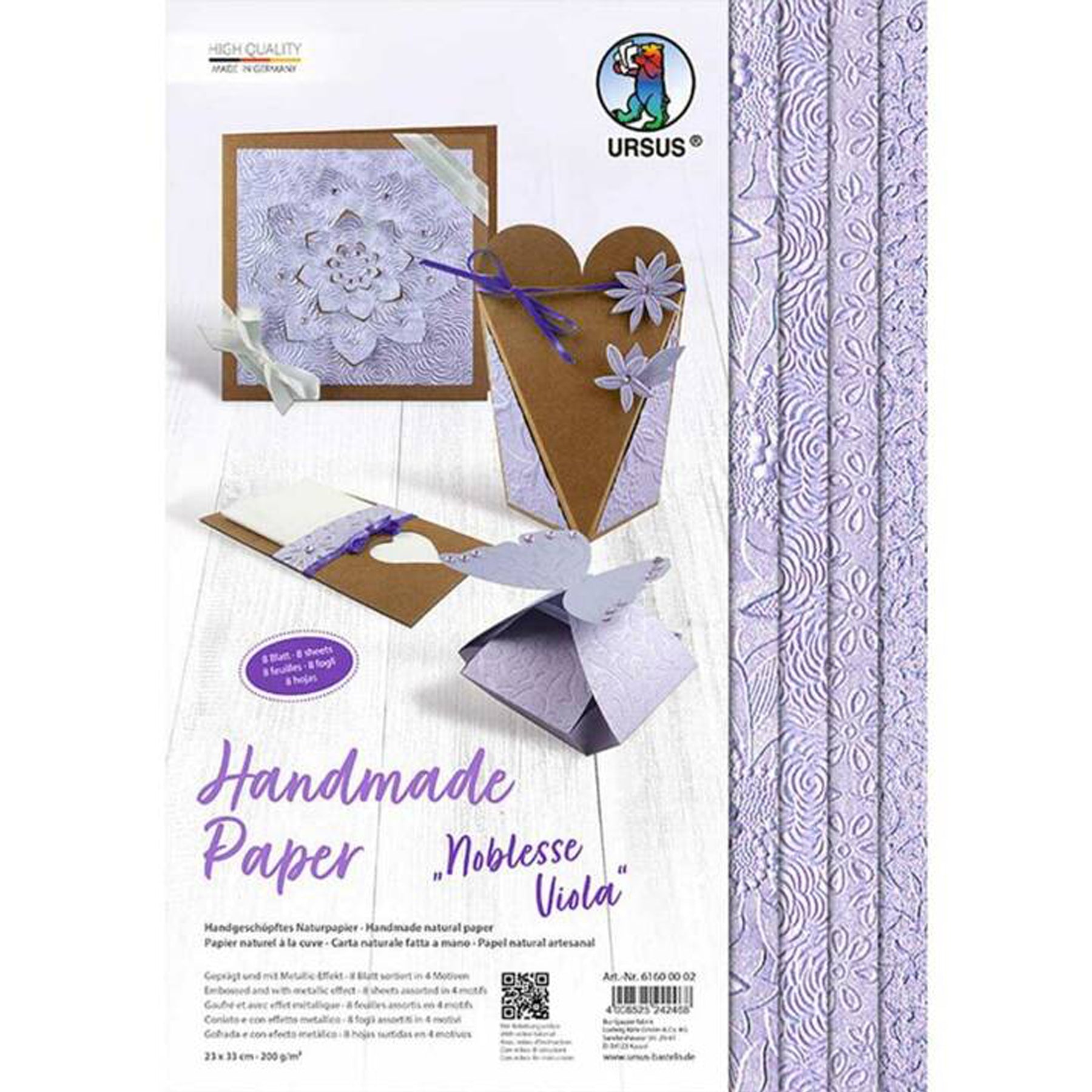 Crealive Strukturpapier handgeschöpft 200 g/m2 - 23 x 33 cm - Noblesse Viola  Inhalt:  8 Bogen 4 Designs    Spezifikationen:  23 x 33 cm 200 g/m2 durchgefärbt handgeschöpftes Naturpapier geprägtes Papier Metallic-Effekt   Dieses Strukturpapier ist geeignet für:  Karten Karten-Verzierungen Kuverts Geschenkboxen & Verpackungen Plotten Scrapbooking