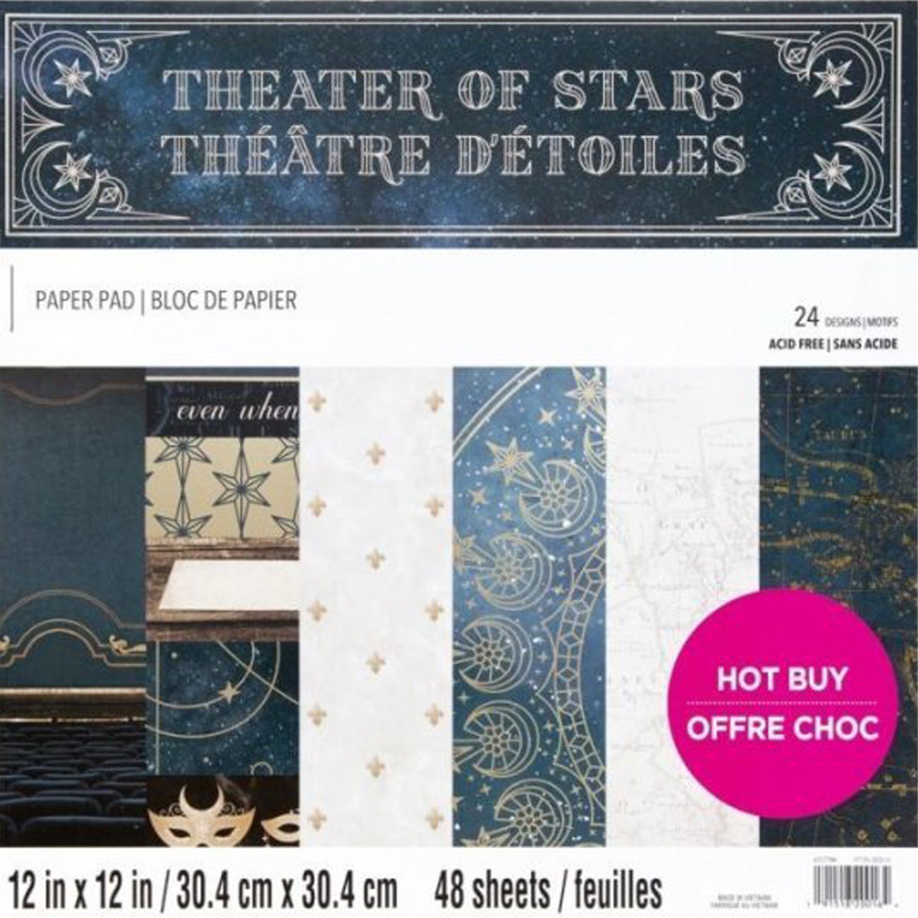 Crealive Paper Pad 180 g/m2 - 12’’ x 12’’ - Theater of Stars    Inhalt:  48 Bogen 24 Designs teils mit Gold folierten Akzenten einseitig bedruckt    Spezifikationen:  12’’ x 12’’ (30.5 cm x 30.5 cm) ca. 180 g/m2 einseitig bedruckt lässt sich gut schneiden   Dieses Designpapier / Motivpapier ist geeignet für:  Karten Karten-Verzierungen Plotten Stanzen Prägen Scrapbooking