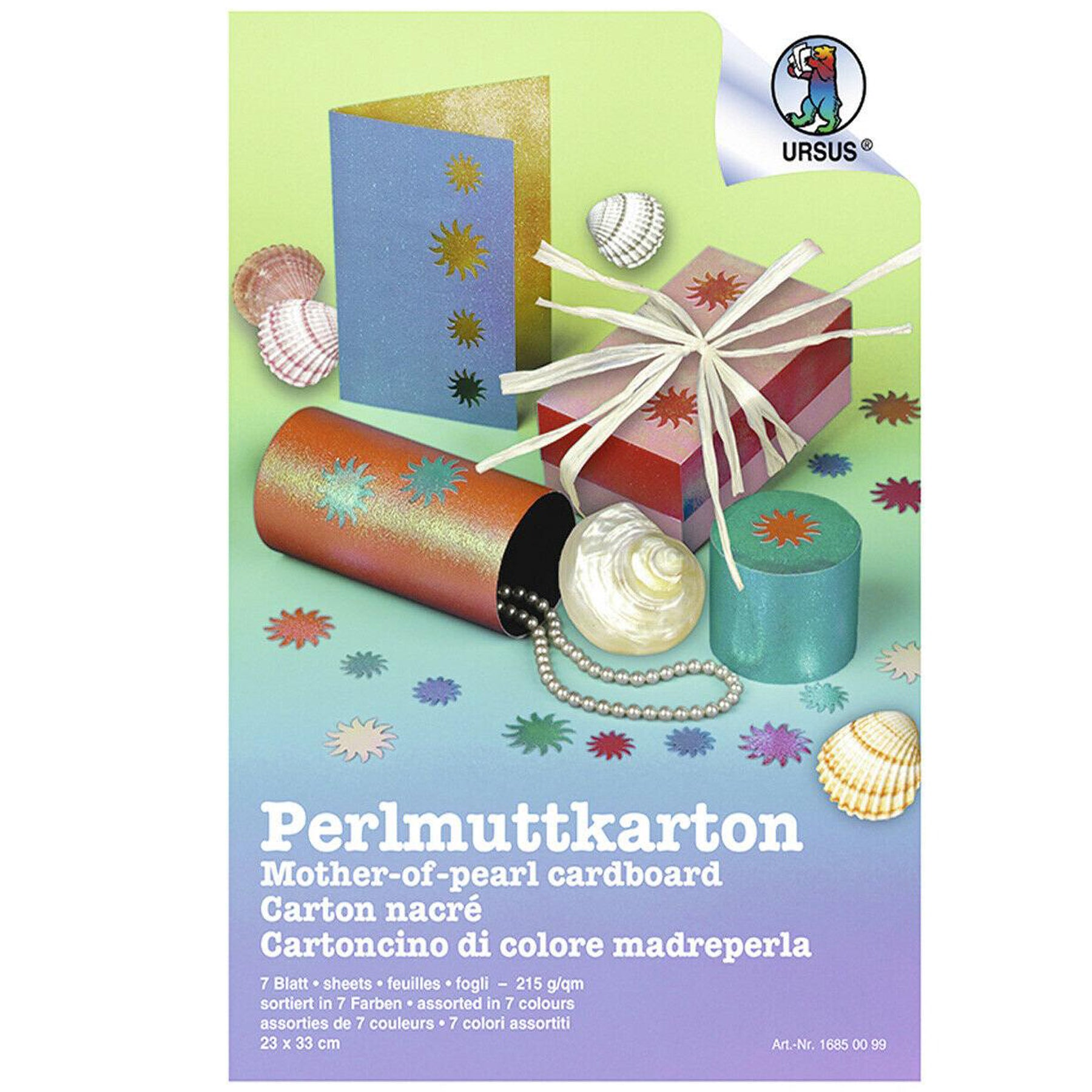 Crealive Perlmuttkarton 215 g/m2 - 230 x 330 mm  Spezifikationen:  23 cm x 33 cm 215 g/m2 7 Bögen 7 Farben beidseitiger Schimmer   Perlmuttkarton ist geeignet für:  Karten Karten-Verzierungen (unbedingt ein scharfes Messer verwenden) Einladungen Geschenkboxen Verpackungen Scrapbooking