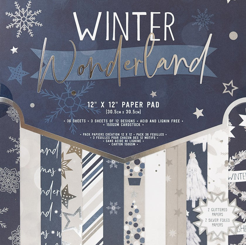 Paper Pad 150 g/m2 - 12’’ x 12’’ - Winter Wunderland  Inhalt:  36 Bogen 12 Designs    Spezifikationen:  12’’ x 12’’ (30.5 cm x 30.5 cm) 150 g/m2 einseitig bedruckte Blätter vereinzelt mit Glitzer & Folien säure- und ligninfrei   Dieses Designpapier / Motivpapier ist geeignet für:  Karten Karten-Verzierungen Plotten Stanzen Prägen Scrapbooking